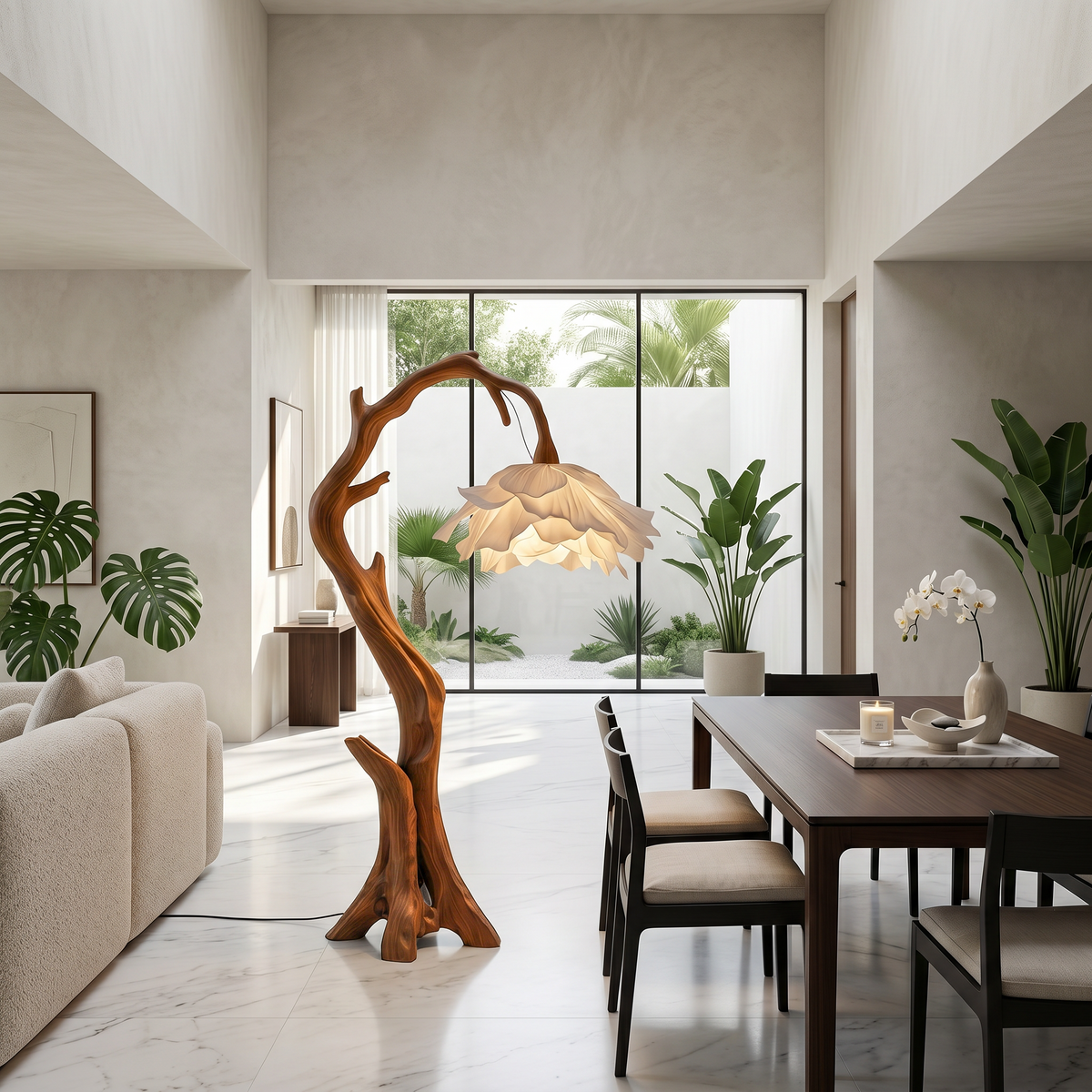 Nature Inspired Flower Floor Lamp With Solid Wood Base
