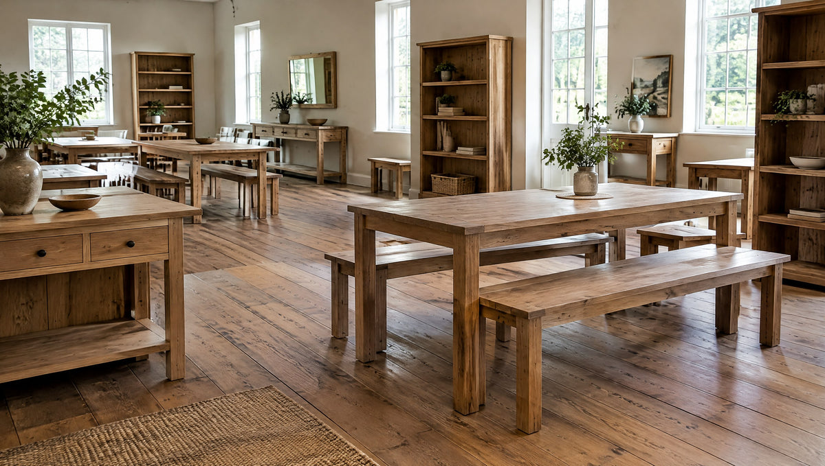 Inside a plain country furniture store with newly built solid wood pieces