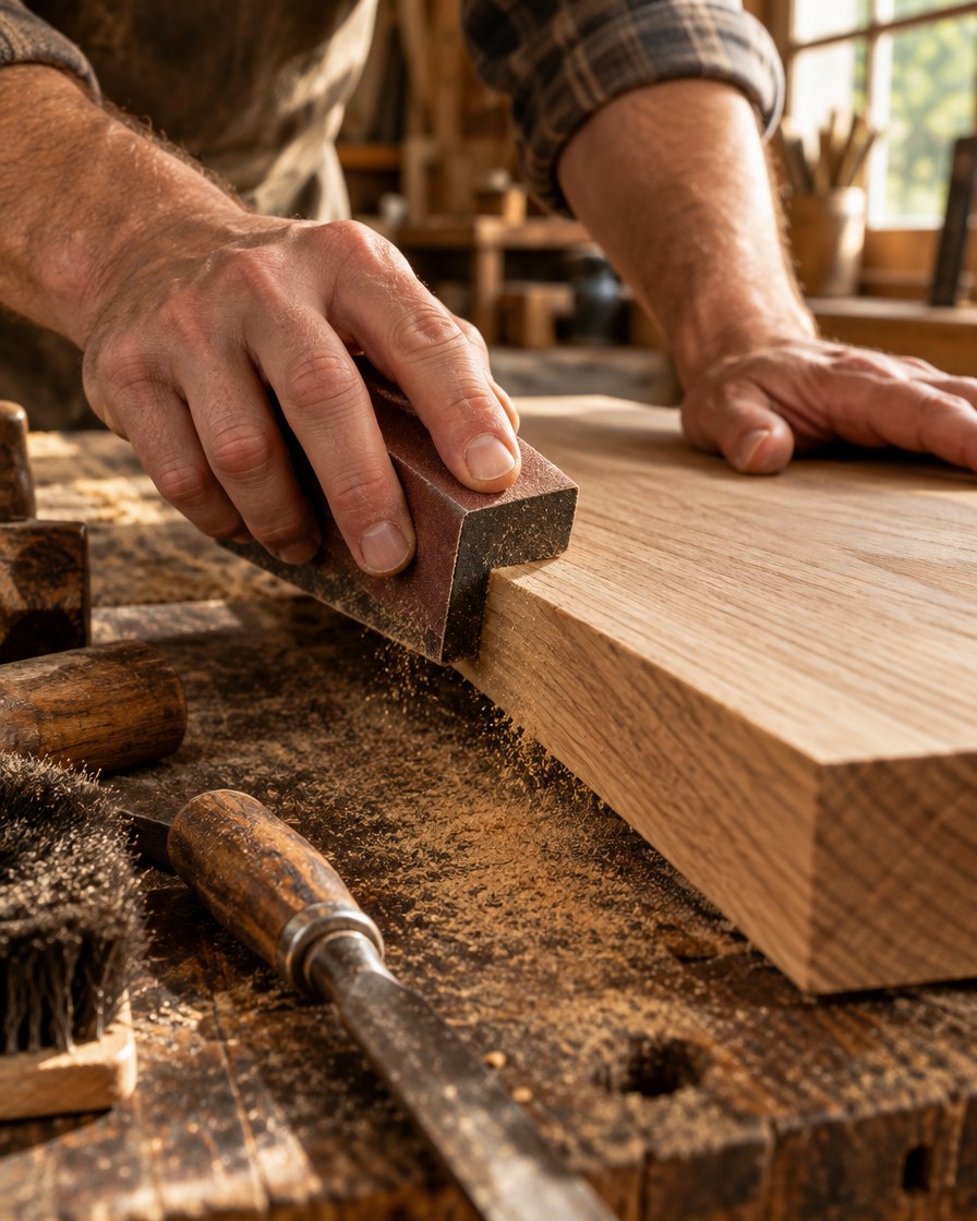 Hands sanding the edge of a solid oak board