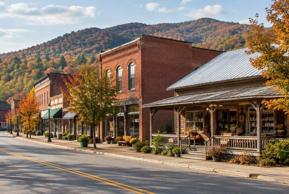 A small-town North Carolina main street with a country store and wooden porch